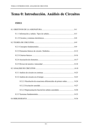 TEMA 0: INTRODUCCION. ANALISIS DE CIRCUITOS




Tema 0: Introducción. Análisis de Circuitos

       INDICE


0.1 OBJETIVOS DE LA ASIGNATURA...................................................................... 0-1

       0.1.1 Información y señales. Tipos de señales.......................................................0-3

       0.1.2 Circuitos y sistemas electrónicos..................................................................0-8

0.2 TEORÍA DE CIRCUITOS........................................................................................0-9

       0.2.1 Conceptos fundamentales............................................................................. 0-9

       0.2.2 Elementos básicos de circuito. Símbolos......................................................0-12

       0.2.3 Criterios básicos ...........................................................................................0-16

       0.2.4 Asociación de elementos...............................................................................0-17

       0.2.5 Divisor de tensión e intensidad ....................................................................0-18

0.3 ANALISIS DE CIRCUITOS ....................................................................................0-18

       0.3.1 Análisis de circuito en continua .................................................................. 0-23

       0.3.2 Análisis de circuito en el tiempo ................................................................ 0-23

                0.3.2.1 Resolución de ecuaciones diferenciales de primer orden............... 0-24

                0.3.2.2 Excitación senoidal......................................................................... 0-27

                0.3.2.3 Representación fasorial de señales senoidales ............................... 0-30

       0.3.3 Teoremas fundamentales.............................................................................. 0-33

0.4 BIBLIOGRAFIA ..................................................................................................... 0-34




                                                               0-1
 