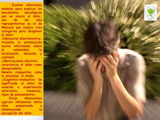 Existen diferentes modelos para explicar los mecanismos psicológicos que se asocia al dolor, uno de los más representativos es el de Meizack que explica tres categorías para desglosar el dolor:  Sensorial-discriminativa: trasmite la estimulación nociva informando sobre la intensidad, la localización, duración y cualidad. Motivacional-afectiva: caracteriza el dolor como desagradable.  Genera respuestas como la ansiedad, el miedo.  Cognitivo-evaluativa: da significado al dolor de acuerdo a experiencias anteriores, creencias, tipos de pensamientos.  Estas dimensiones ejercen influencias entre ellas aumentando o disminuyendo la percepción del dolor. 