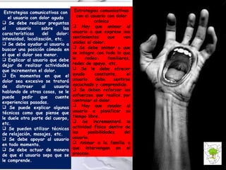 Estrategias comunicativas con el usuario con dolor agudo Se debe realizar preguntas al usuario sobre las características del dolor: intensidad, localización, etc. Se debe ayudar al usuario a buscar una posición cómoda en el que el dolor sea menor. Explicar al usuario que debe dejar de realizar actividades que incrementen el dolor. En momentos en que el dolor sea excesivo se tratará de distraer al usuario hablando de otras cosas, se le puede pedir que cuente experiencias pasadas. Se puede explicar algunas técnicas como que piense que le duele otra parte del cuerpo, etc. Se pueden utilizar técnicas de relajación, masajes, etc. Se debe apoyar al usuario en todo momento. Se debe actuar de manera de que el usuario sepa que se le comprende. Estrategias comunicativas con el usuario con dolor crónico Hay que animar al usuario a que exprese sus sentimientos que van unidos al dolor. Se debe animar a que se integre con todo lo que le rodea: familiares, redes de apoyo, etc. Se le debe ofrecer ayuda constante, el usuario debe sentirse escuchado y comprendido. Se deben reforzar los esfuerzos que realice por controlar el dolor. Hay que ayudar al usuario a planificar su tiempo libre. Se incrementará la actividad física dentro de las posibilidades del usuario. Animar a la familia a que intervengan en el proceso. 