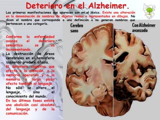 Las primeras manifestaciones que aparecen son en el léxico.  Existe una alteración en la denominación de nombres de objetos reales o representados en dibujos.  No dicen el nombre que corresponde a una definición o no generan nombres que pertenecen a una categoría.  Conforme la enfermedad avanza el deterioro semántico se va incrementando.  La destrucción de áreas cerebrales en el hemisferio izquierdo produce afasia. El deterioro cognitivo que afecta a la atención, a la memoria operativa y a la memoria a largo plazo afecta también al lenguaje. No sólo se altera el lenguaje, sino el conocimiento del mundo. En las últimas fases existe una abolición casi absoluta del lenguaje y de la comunicación. 