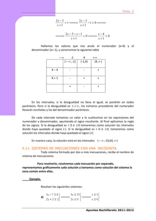 Tema 0


                         2x − 3           2x − 3
                                > 1 ====>        − 1 > 0 ====>
                          x +1             x +1

                                 2x − 3 − x − 1           x−4
                         ====>                  > 0 ====>      >0
                                     x +1                 x +1

           Hallamos los valores que nos anule el numerador (x=4) y el
      denominador (x=-1), y construimos la siguiente tabla

                            −∞        -1        4        +∞
                                 ( − ∞ ,-1)   (-1,4)      (4, ∞ )

                      X–4            -           -           +

                      X+1            -           +           +

                                     +           -           +




       En los intervalos, si la desigualdad no lleva el igual, se pondrán en todos
paréntesis. Pero si la desigualdad es ≤ ó ≥ , los números procedente del numerador
llevarán corchetes y los del denominador paréntesis.

       De cada intervalo tomamos un valor y lo sustituimos en las expresiones del
numerador y denominador, apuntando el signo resultante. Al final aplicamos la regla
de los signos. Si la desigualdad es < 0 ó ≤ 0 tomaremos como solución los intervalos
donde haya quedado el signo (-). Si la desigualdad es > 0 ó ≥ 0, tomaremos como
solución los intervalos donde haya quedado el signo (+).

      En nuestro caso, la solución está en los intervalos ( − ∞ ,-1)U(4, ∞ )

6.11. SISTEMAS DE INECUACIONES CON UNA INCÓGNITA.
              Todo sistema formado por dos o más inecuaciones, recibe el nombre de
sistema de inecuaciones.

          Para resolverlo, resolvemos cada inecuación por separado,
representamos gráficamente cada solución y tomamos como solución del sistema la
zona común entre ellas.

     Ejemplo.

             Resolver los siguientes sistemas:

                  3x − 7 ≤ 8        3x ≤ 15       x ≤ 5
             a)               ====>         ====>      
                  2x + 2 ≤ 2        2x ≤ 0        x ≤ 0


                                                     Apuntes Bachillerato 2011-2012
 