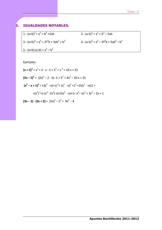 Tema 0



2.   IGUALDADES NOTABLES.

     1.- (a+b)2 = a2 + b2 +2ab                          2.- (a-b)2 = a2 + b2 – 2ab

     3.- (a+b)3 = a3 + 3ª2b + 3ab2 + b3                 4.- (a-b)3 = a3 – 3ª2b + 3ab2 – b3

     5.- (a+b).(a-b) = a2 – b2


     Ejemplos:

     (x + 5)2 = x2 + 2 · x · 5 + 52 = x 2 + 10 x + 25

     (2x − 5)2 = (2x)2 − 2 · 2x ·5 + 52 = 4x2 − 20 x + 25

     (x2 − x + 1)2 = ( (x2 −x)+1) 2= (x2 −x)2 +12 +2((x2 −x))1 =

             =(x2) 2+(-x) 2 -2x2(-x)+2(x2 −x)+1= x4− 2x3 + 3x2 − 2x + 1

     (3x − 2) · (3x + 2) = (3x)2 − 22 = 9x2 − 4




                                                              Apuntes Bachillerato 2011-2012
 