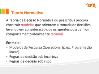 Teoria Normativa
A	Teoria	da	Decisão	Normativa	ou	prescritiva	procura	
construir	modelos	que	orientem	a	tomada	de	decisões,	
levando	em	consideração	que	os	agentes	possuem	um	
comportamento	idealmente	racional.
Exemplo:
• Modelos	da Pesquisa	Operacional	(p.ex.	Programação	
linear)
• Regras	de	decisão	sob	incerteza
• Regras	de	decisão	sob	risco
 