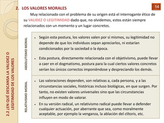 2. LOS VALORES MORALES                                                                          14
                                           Muy relacionado con el problema de su origen está el interrogante ético de
                                       su VALIDEZ O LEGITIMIDAD dado que, no olvidemos, estos están siempre
                                       relacionados con un momento y un lugar concretos.

                                                           Según esta postura, los valores valen por sí mismos, su legitimidad no
                                       ABSOLUTISMO MORAL




                                                           depende de que los individuos sepan apreciarlos, ni estarían
                                                           condicionados por la sociedad o la época.
2.2 ¿EN QUÉ DESCANSA LA VALIDEZ O




                                                           Esta postura, directamente relacionada con el objetivismo, puede llevar
    LEGITIMIDAD DE LOS VALORES




                                                           a caer en el dogmatismo, postura para la cual ciertos valores concretos
                                                           serían los únicos correctos imponiéndose y despreciando los demás.

                                                           Las valoraciones dependen, son relativas a, cada persona, y a las
                                       RELATIVISMO MORAL




                                                           circunstancias sociales, históricas incluso biológicas, en que surgen. Por
                                                           tanto, no existen valores universales sino que las circunstancias
                                                           influyen en modo de valorar.
                                                           En su versión radical, un relativismo radical puede llevar a defender
                                                           cualquier actuación, por aberrante que sea, como moralmente
                                                           aceptable, por ejemplo la venganza, la ablación del clítoris, etc.
 
