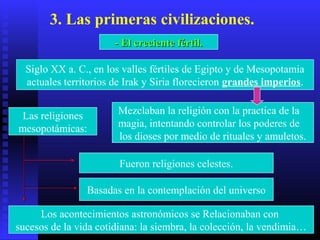 3. Las primeras civilizaciones.
- El creciente fértil.- El creciente fértil.
Siglo XX a. C., en los valles fértiles de Egipto y de Mesopotamia
actuales territorios de Irak y Siria florecieron grandes imperios.
Mezclaban la religión con la practica de la
magia, intentando controlar los poderes de
los dioses por medio de rituales y amuletos.
Las religiones
mesopotámicas:
Fueron religiones celestes.
Basadas en la contemplación del universo
Los acontecimientos astronómicos se Relacionaban con
sucesos de la vida cotidiana: la siembra, la colección, la vendimia…
 
