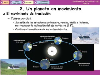 GEOGRAFÍA E HISTORIA 1.º ESO
TEMA 1
INICIOINICIO
MAPA
DEL TEMA
MAPA
DEL TEMA
INTERNETINTERNET
ESQUEMAS
Y ACTIVIDADES
ESQUEMAS
Y ACTIVIDADES
 El movimiento de traslación
– Consecuencias
• Sucesión de las estaciones: primavera, verano, otoño e invierno,
motivada por la inclinación del eje terrestre (23º).
• Cambian alternativamente en los hemisferios.
2. Un planeta en movimiento
 