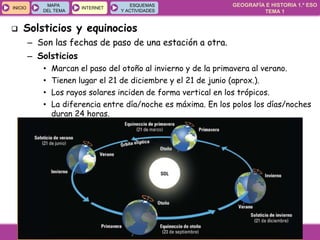 GEOGRAFÍA E HISTORIA 1.º ESO
TEMA 1
INICIOINICIO
MAPA
DEL TEMA
MAPA
DEL TEMA
INTERNETINTERNET
ESQUEMAS
Y ACTIVIDADES
ESQUEMAS
Y ACTIVIDADES
 Solsticios y equinocios
– Son las fechas de paso de una estación a otra.
– Solsticios
• Marcan el paso del otoño al invierno y de la primavera al verano.
• Tienen lugar el 21 de diciembre y el 21 de junio (aprox.).
• Los rayos solares inciden de forma vertical en los trópicos.
• La diferencia entre día/noche es máxima. En los polos los días/noches
duran 24 horas.
 