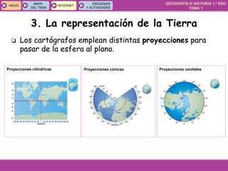 GEOGRAFÍA E HISTORIA 1.º ESO
TEMA 1
INICIOINICIO
MAPA
DEL TEMA
MAPA
DEL TEMA
INTERNETINTERNET
ESQUEMAS
Y ACTIVIDADES
ESQUEMAS
Y ACTIVIDADES
 Los cartógrafos emplean distintas proyecciones para
pasar de la esfera al plano.
Proyecciones cilíndricas Proyecciones cónicas Proyecciones cenitales
3. La representación de la Tierra
 
