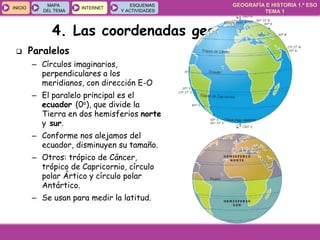 GEOGRAFÍA E HISTORIA 1.º ESO
TEMA 1
INICIOINICIO
MAPA
DEL TEMA
MAPA
DEL TEMA
INTERNETINTERNET
ESQUEMAS
Y ACTIVIDADES
ESQUEMAS
Y ACTIVIDADES
4. Las coordenadas geográficas
 Paralelos
– Círculos imaginarios,
perpendiculares a los
meridianos, con dirección E-O
– El paralelo principal es el
ecuador (0o), que divide la
Tierra en dos hemisferios norte
y sur.
– Conforme nos alejamos del
ecuador, disminuyen su tamaño.
– Otros: trópico de Cáncer,
trópico de Capricornio, círculo
polar Ártico y círculo polar
Antártico.
– Se usan para medir la latitud.
 