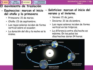 GEOGRAFÍA E HISTORIA 1.º ESO
TEMA 1
INICIO
INICIO
MAPA
DEL TEMA
MAPA
DEL TEMA
INTERNET
INTERNET
ESQUEMAS
Y ACTIVIDADES
ESQUEMAS
Y ACTIVIDADES
El movimiento de traslación
– Equinoccios: marcan el inicio
del otoño y la primavera
• Primavera: 21 de marzo.
• Otoño: 23 de septiembre.
• Los rayos solares inciden de forma
vertical sobre el ecuador.
• La duración del día y la noche es la
misma.
– Solsticios: marcan el inicio del
verano y el invierno.
• Verano: 21 de junio.
• Invierno: 21 de diciembre.
• Los rayos solares inciden de forma
vertical en los trópicos.
• La diferencia entre día/noche es
máxima. En los polos los
días/noches duran 24 horas.
 