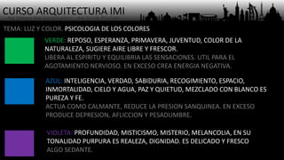CURSO ARQUITECTURA IMI- Arq. Osmany Abel García Fuentes - Arq. Yoandy Rizo Fiallo -
TEMA: LUZ Y COLOR. PSICOLOGIA DE LOS COLORES
VERDE: REPOSO, ESPERANZA, PRIMAVERA, JUVENTUD, COLOR DE LA
NATURALEZA, SUGIERE AIRE LIBRE Y FRESCOR.
LIBERA AL ESPIRITU Y EQUILIBRIA LAS SENSACIONES. UTIL PARA EL
AGOTAMIENTO NERVIOSO. EN EXCESO CREA ENERGIA NEGATIVA.
AZUL: INTELIGENCIA, VERDAD, SABIDURIA, RECOGIMIENTO, ESPACIO,
INMORTALIDAD, CIELO Y AGUA, PAZ Y QUIETUD, MEZCLADO CON BLANCO ES
PUREZA Y FE.
ACTUA COMO CALMANTE, REDUCE LA PRESION SANQUINEA. EN EXCESO
PRODUCE DEPRESION, AFLICCION Y PESADUMBRE.
VIOLETA: PROFUNDIDAD, MISTICISMO, MISTERIO, MELANCOLIA, EN SU
TONALIDAD PURPURA ES REALEZA, DIGNIDAD. ES DELICADO Y FRESCO
ALGO SEDANTE.
 