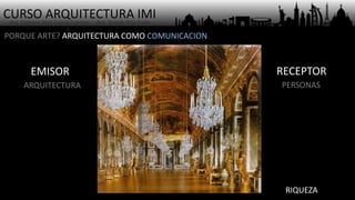 CURSO ARQUITECTURA IMI- Arq. Osmany Abel García Fuentes - Arq. Yoandy Rizo Fiallo -
EMISOR
PORQUE ARTE? ARQUITECTURA COMO COMUNICACION
RECEPTOR
ARQUITECTURA PERSONAS
RIQUEZA
 