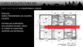CURSO ARQUITECTURA IMI- Arq. Osmany Abel García Fuentes - Arq. Yoandy Rizo Fiallo -
PASILLOS:
DEBEN PREDOMINAR LOS COLORES
CALIDOS.
EN PASILLOS ALARGADOS,
LOS COLORES CALIDOS HACIA
EL FONDO SE USAN PARA
ACORTAR LAS DISTANCIAS.
TEMA: LUZ Y COLOR. EL COLOR PARA EL HOGAR
 