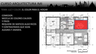 CURSO ARQUITECTURA IMI- Arq. Osmany Abel García Fuentes - Arq. Yoandy Rizo Fiallo -
COMEDOR:
MEZCLA DE COLORES CALIDOS
Y FRIOS
REQUIERE DE MATICES ALGO RICOS
Y CONTRASTADOS QUE SEAN
ALEGRES Y ANIMEN.
TEMA: LUZ Y COLOR. EL COLOR PARA EL HOGAR
 