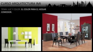 CURSO ARQUITECTURA IMI- Arq. Osmany Abel García Fuentes - Arq. Yoandy Rizo Fiallo -
COMEDOR:
TEMA: LUZ Y COLOR. EL COLOR PARA EL HOGAR
 