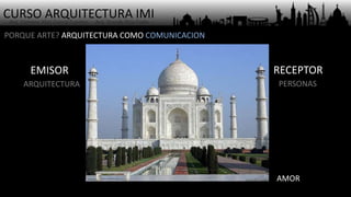 CURSO ARQUITECTURA IMI- Arq. Osmany Abel García Fuentes - Arq. Yoandy Rizo Fiallo -
EMISOR
PORQUE ARTE? ARQUITECTURA COMO COMUNICACION
RECEPTOR
ARQUITECTURA PERSONAS
AMOR
 