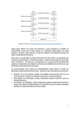 7
Ilustración 2: Extraído de Redes de computadoras. Andrew S. Tanenbaum. Quinta edición
Cada capa ofrece una serie de servicios y para entender el modelo es
conveniente iniciar por la capa inferior e ir subiendo hasta llegar a la capa
superior. Es decir, cada capa es un tipo de “máquina” que ofrece servicios a la
capa inmediatamente superior.
Para que un computador se logre comunicar con otro similar, es requerido que
exista una comunicación a nivel de las capas. A esta comunicación se le conoce
como “protocolo”. En esencia, un protocolo es un acuerdo entre los diferentes
equipos o dispositivos que desean comunicarse; estableciendo la forma en que
se llevará a cabo dicha comunicación.
La comunicación entre redes de computadoras puede darse a través de
diferentes mecanismos de transmisión. Entre los más conocidos se encuentran:
 Simplex: En la transmisión simplex, las señales se transmiten sólo en una
única dirección; siendo una estación la emisora y otra la receptora.
 Half dúplex: En half-duplex, ambas estaciones pueden transmitir, pero no
simultáneamente.
 Full dúplex: En fullduplex, ambas estaciones pueden igualmente transmitir y
recibir, pero ahora simultáneamente. En este último caso, el medio transporta
señales en ambos sentidos al mismo tiempo
 