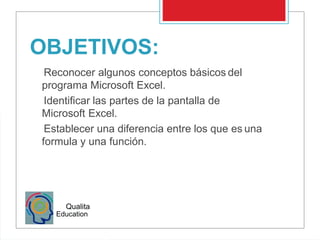 Education
OBJETIVOS:
Reconocer algunos conceptos básicos del
programa Microsoft Excel.
Identificar las partes de la pantalla de
Microsoft Excel.
Establecer una diferencia entre los que es una
formula y una función.
Qualita
 