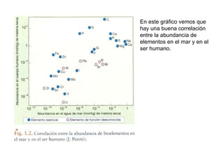 En este gráfico vemos que
hay una buena correlación
entre la abundancia de
elementos en el mar y en el
ser humano.
 