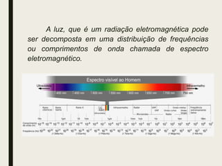A luz, que é um radiação eletromagnética pode
ser decomposta em uma distribuição de frequências
ou comprimentos de onda chamada de espectro
eletromagnético.
 