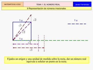 8 Representación de números irracionales MATEMÁTICAS 4 ESO TEMA 1. EL NÚMERO REAL Javier Fernández 1 u 1 u 1 u Fijados un origen y una unidad de medida sobre la recta, dar un número real equivale a señalar un punto en la recta. 