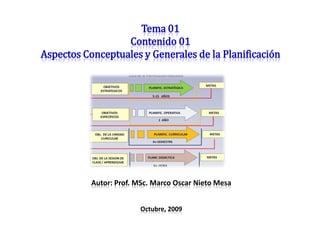 Tema 01
                  Contenido 01
Aspectos Conceptuales y Generales de la Planificación




           Autor: Prof. MSc. Marco Oscar Nieto Mesa


                         Octubre, 2009
 