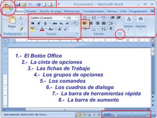 2.  La Interfaz Gráfica1.-  El Botón Office	2.-  La cinta de opciones	3.-  Las fichas de Trabajo	4.-  Los grupos de opciones	5.-  Los comandos 	6.-  Los cuadros de dialogo	7.-  La barra de herramientas rápida	8.-  La barra de aumento