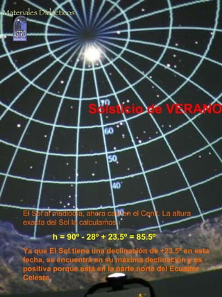 Solsticio de VERANO El Sol al mediodía, ahora casi en el Cenit. La altura exacta del Sol la calculamos :  h = 90º - 28º + 23.5º = 85.5º Ya que El Sol tiene una declinación de +23.5º en esta fecha, se encuentra en su máxima declinación y es positiva porque está en la parte norte del Ecuador Celeste. Materiales Didácticos 