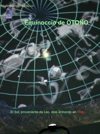 Solsticio de INVIERNO El Sol al mediodía, por debajo de los 40º de altura. Si suponemos que estamos situados a una latitud de 28º N  (latitud media de las Islas Canarias)  la altura exacta del Sol será: h = 90º - 28º - 23.5º = 38.5º   23.5º es la inclinación del eje de la Tierra, que es la declinación solar en esta fecha  (con signo negativo). Equinoccio de OTOÑO El Sol, proveniente de Leo, está entrando en  Virgo . Materiales Didácticos 