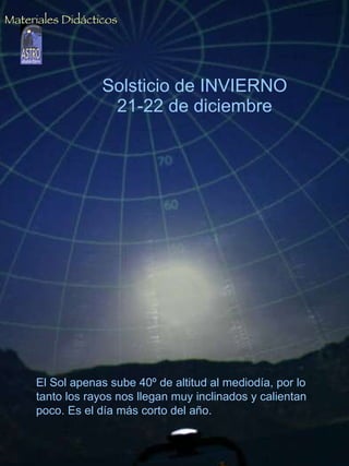 Solsticio de INVIERNO 21-22 de diciembre El Sol apenas sube 40º de altitud al mediodía, por lo tanto los rayos nos llegan muy inclinados y calientan poco. Es el día más corto del año. Materiales Didácticos 