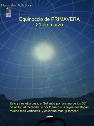 Equinoccio de PRIMAVERA 21 de marzo Esto ya es otra cosa, el Sol sube por encima de los 60º de altitud al mediodía, y por lo tanto sus rayos nos llegan mucho más verticales, y calientan más. ¡Florecer! Materiales Didácticos 