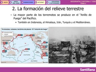 GEOGRAFÍA E HISTORIA 1.º ESO
TEMA 2
INICIOINICIO
MAPA
DEL TEMA
MAPA
DEL TEMA
ANIMACIONESANIMACIONES INTERNETINTERNET
ESQUEMAS
Y ACTIVIDADES
ESQUEMAS
Y ACTIVIDADES
2. La formación del relieve terrestre
– La mayor parte de los terremotos se produce en el “Anillo de
Fuego” del Pacífico.
• También en Indonesia, el Himalaya, Irán, Turquía y el Mediterráneo.
 