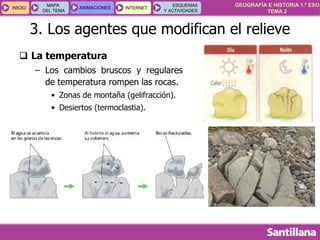 GEOGRAFÍA E HISTORIA 1.º ESO
TEMA 2
INICIOINICIO
MAPA
DEL TEMA
MAPA
DEL TEMA
ANIMACIONESANIMACIONES INTERNETINTERNET
ESQUEMAS
Y ACTIVIDADES
ESQUEMAS
Y ACTIVIDADES
 La temperatura
– Los cambios bruscos y regulares
de temperatura rompen las rocas.
• Zonas de montaña (gelifracción).
• Desiertos (termoclastia).
3. Los agentes que modifican el relieve
 