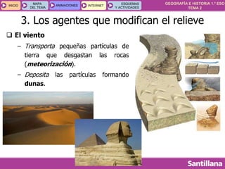 GEOGRAFÍA E HISTORIA 1.º ESO
TEMA 2
INICIOINICIO
MAPA
DEL TEMA
MAPA
DEL TEMA
ANIMACIONESANIMACIONES INTERNETINTERNET
ESQUEMAS
Y ACTIVIDADES
ESQUEMAS
Y ACTIVIDADES
 El viento
– Transporta pequeñas partículas de
tierra que desgastan las rocas
(meteorización).
– Deposita las partículas formando
dunas.
3. Los agentes que modifican el relieve
 