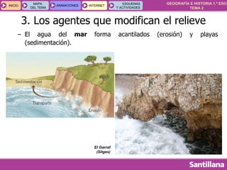 GEOGRAFÍA E HISTORIA 1.º ESO
TEMA 2
INICIOINICIO
MAPA
DEL TEMA
MAPA
DEL TEMA
ANIMACIONESANIMACIONES INTERNETINTERNET
ESQUEMAS
Y ACTIVIDADES
ESQUEMAS
Y ACTIVIDADES
– El agua del mar forma acantilados (erosión) y playas
(sedimentación).
El Garraf
(Sitges)
3. Los agentes que modifican el relieve
 