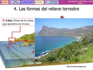 GEOGRAFÍA E HISTORIA 1.º ESO
TEMA 2
INICIOINICIO
MAPA
DEL TEMA
MAPA
DEL TEMA
ANIMACIONESANIMACIONES INTERNETINTERNET
ESQUEMAS
Y ACTIVIDADES
ESQUEMAS
Y ACTIVIDADES
8. Cabo. Parte de la costa
que penetra en el mar.
Cabo de Buena Esperanza
4. Las formas del relieve terrestre
 