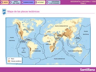GEOGRAFÍA E HISTORIA 1.º ESO
TEMA 2
INICIOINICIO
MAPA
DEL TEMA
MAPA
DEL TEMA
ANIMACIONESANIMACIONES INTERNETINTERNET
ESQUEMAS
Y ACTIVIDADES
ESQUEMAS
Y ACTIVIDADES
Mapa de las placas tectónicas
 