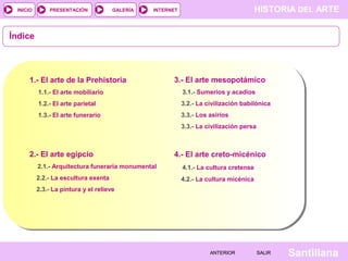HISTORIA DEL ARTEINTERNET
SantillanaSALIRSALIRANTERIORANTERIOR
PRESENTACIÓNINICIO GALERÍA
Índice
1.- El arte de la Prehistoria
1.1.- El arte mobiliario
1.2.- El arte parietal
1.3.- El arte funerario
3.- El arte mesopotámico
3.1.- Sumerios y acadios
3.2.- La civilización babilónica
3.3.- Los asirios
3.3.- La civilización persa
2.- El arte egipcio
2.1.- Arquitectura funeraria monumental
2.2.- La escultura exenta
2.3.- La pintura y el relieve
4.- El arte creto-micénico
4.1.- La cultura cretense
4.2.- La cultura micénica
 