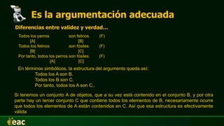 Es la argumentación adecuada
Diferencias entre validez y verdad…
Todos los perros son felinos. (F)
[A] [B]
Todos los felinos son fósiles. (F)
[B] [C]
Por tanto, todos los perros son fósiles. (F)
[A] [C]
En términos simbólicos, la estructura del argumento queda así:
Todos los A son B.
Todos los B son C.
Por tanto, todos los A son C..
Si tenemos un conjunto A de objetos, que a su vez está contenido en el conjunto B, y por otra
parte hay un tercer conjunto C que contiene todos los elementos de B, necesariamente ocurre
que todos los elementos de A están contenidos en C. Así que esa estructura es efectivamente
válida
 