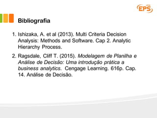 Bibliografia
1. Ishizaka, A. et al (2013). Multi Criteria Decision
Analysis: Methods and Software. Cap 2. Analytic
Hierarchy Process.
2. Ragsdale, Cliff T. (2015). Modelagem de Planilha e
Análise de Decisão: Uma introdução prática a
business analytics. Cengage Learning. 616p. Cap.
14. Análise de Decisão.
 