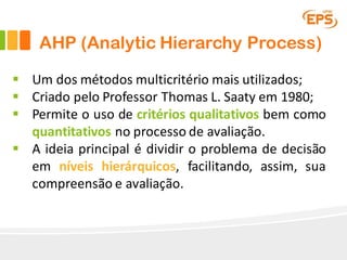 AHP (Analytic Hierarchy Process)
§ Um dos métodos multicritério mais utilizados;
§ Criado pelo Professor Thomas L. Saaty em 1980;
§ Permite o uso de critérios qualitativos bem como
quantitativos no processo de avaliação.
§ A ideia principal é dividir o problema de decisão
em níveis hierárquicos, facilitando, assim, sua
compreensão e avaliação.
 