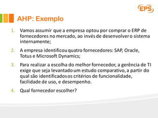 AHP: Exemplo
1. Vamos	assumir	que	a	empresa	optou	por	comprar	o	ERP	de	
fornecedores	no	mercado,	ao	invés	de	desenvolver	o	sistema	
internamente;
2. A	empresa	identificou	quatro	fornecedores:	SAP,	Oracle,	
Totus	e	Microsoft	Dynamics;
3. Para	realizar	a	escolha	do	melhor	fornecedor,	a	gerência	de	TI	
exige	que	seja	levantado	um	estudo	comparativo,	a	partir	do	
qual	são	identificados	os	critérios	de	funcionalidade,	
facilidade	de	uso,	e	desempenho.
4. Qual	fornecedor	escolher?
 