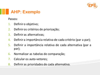 Passos:
1. Definir o objetivo;
2. Definir os critérios de priorização;
3. Definir as alternativas;
4. Definir a importância relativa de cada critério (par a par);
5. Definir a importância relativa de cada alternativa (par a
par);
6. Normalizar as tabelas de comparação;
7. Calcular os auto-vetores;
8. Definir as prioridades de cada alternativa.
AHP: Exemplo
 