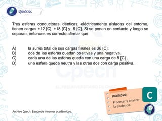 Tres esferas conductoras idénticas, eléctricamente aisladas del entorno,
tienen cargas +12 [C], +18 [C] y -6 [C]. Si se ponen en contacto y luego se
separan, entonces es correcto afirmar que
Archivo Cpech, Banco de insumos académicos.
Habilidad:
C
Procesar y analizar
la evidencia
A) la suma total de sus cargas finales es 36 [C].
B) dos de las esferas quedan positivas y una negativa.
C) cada una de las esferas queda con una carga de 8 [C] .
D) una esfera queda neutra y las otras dos con carga positiva.
 
