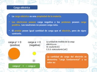 Carga eléctrica
• La carga eléctrica es una propiedad de la materia.
• Los electrones poseen carga negativa y los protones poseen carga
positiva. Los neutrones no poseen carga neta.
• El protón posee igual cantidad de carga que el electrón, pero de signo
contrario.
carga p+
> 0 carga e-
< 0
(positiva) (negativa)
carga p+
= ― carga e-
La unidad de medida de la carga
eléctrica es:
SI: coulomb [C]
C.G.S: statcoulomb [stC]
La cantidad de carga del electrón se
denomina “carga fundamental” y su
valor es:
 