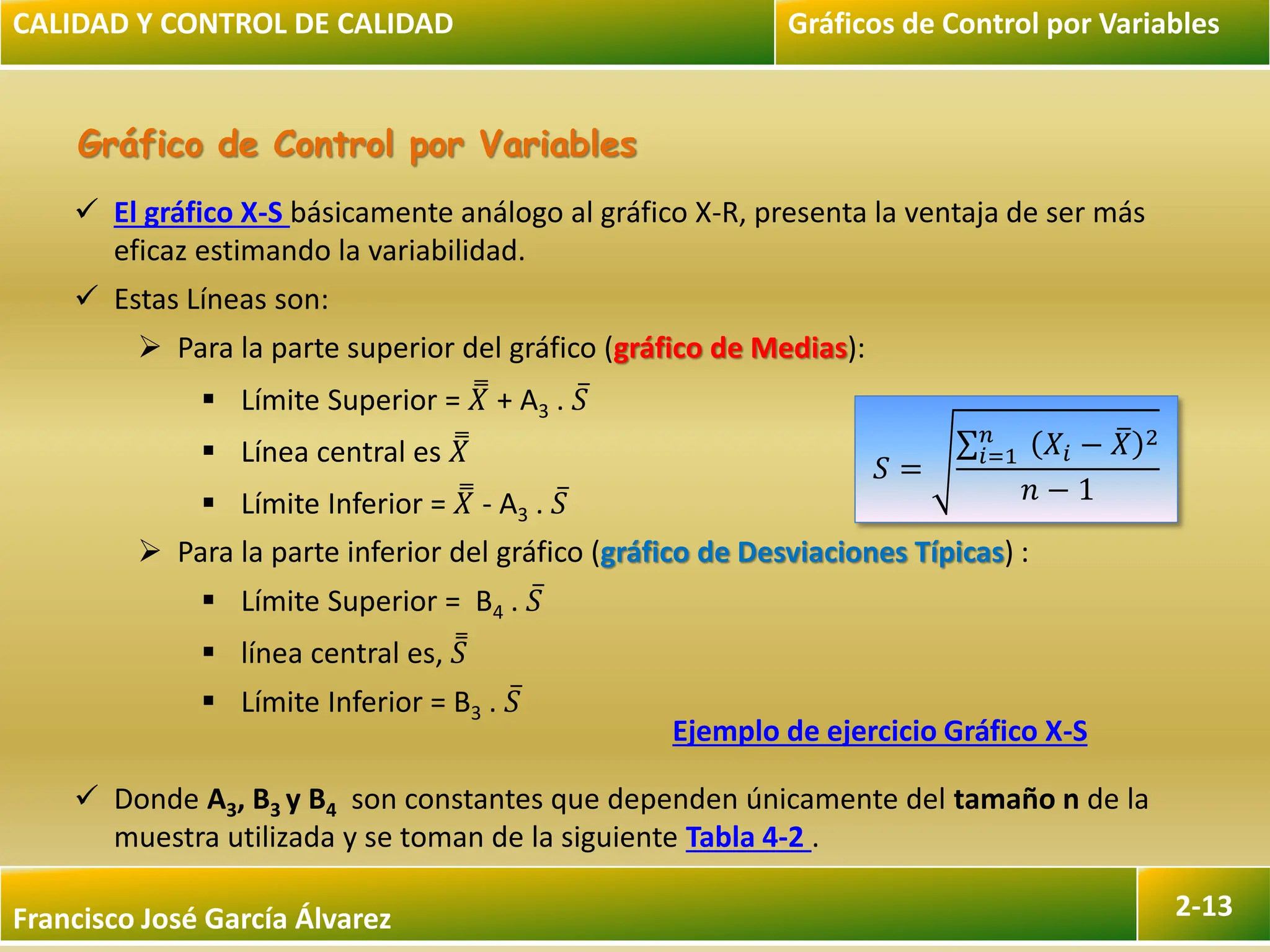 Francisco José García Álvarez 2-13
Gráfico de Control por Variables
 El gráfico X-S básicamente análogo al gráfico X-R, presenta la ventaja de ser más
eficaz estimando la variabilidad.
 Estas Líneas son:
 Para la parte superior del gráfico (gráfico de Medias):
 Límite Superior = 𝑋 + A3 . 𝑆
 Línea central es 𝑋
 Límite Inferior = 𝑋 - A3 . 𝑆
 Para la parte inferior del gráfico (gráfico de Desviaciones Típicas) :
 Límite Superior = B4 . 𝑆
 línea central es, 𝑆
 Límite Inferior = B3 . 𝑆
 Donde A3, B3 y B4 son constantes que dependen únicamente del tamaño n de la
muestra utilizada y se toman de la siguiente Tabla 4-2 .
CALIDAD Y CONTROL DE CALIDAD Gráficos de Control por Variables
𝑆 =
𝑋𝑖 − 𝑋 2
𝑛
𝑖=1
𝑛 − 1
Ejemplo de ejercicio Gráfico X-S
 