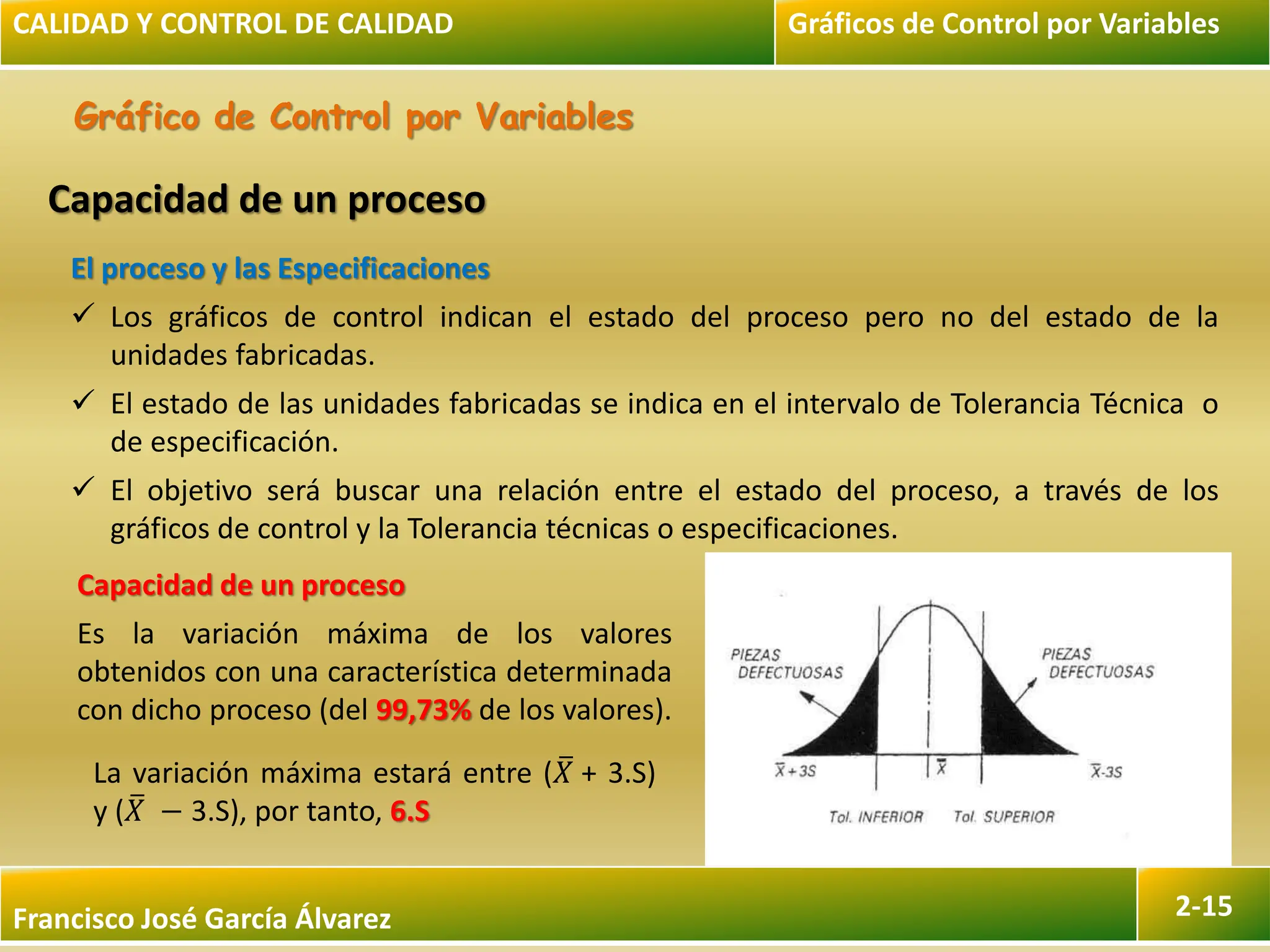 Francisco José García Álvarez 2-15
Gráfico de Control por Variables
El proceso y las Especificaciones
 Los gráficos de control indican el estado del proceso pero no del estado de la
unidades fabricadas.
 El estado de las unidades fabricadas se indica en el intervalo de Tolerancia Técnica o
de especificación.
 El objetivo será buscar una relación entre el estado del proceso, a través de los
gráficos de control y la Tolerancia técnicas o especificaciones.
CALIDAD Y CONTROL DE CALIDAD Gráficos de Control por Variables
Capacidad de un proceso
Es la variación máxima de los valores
obtenidos con una característica determinada
con dicho proceso (del 99,73% de los valores).
La variación máxima estará entre (𝑋 + 3.S)
y (𝑋 − 3.S), por tanto, 6.S
Capacidad de un proceso
 