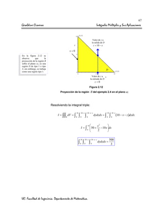Geraldine Cisneros Integrales Múltiples y Sus Aplicaciones
UC. Facultad de Ingeniería. Departamento de Matemática.
67
Figura 2.12
Proyección de la región B del ejemplo 2.4 en el plano xz
Resolviendo la integral triple:
( )
10 10 10 10 10
0 0 0 0 0
10
x x z x
B
I dV dydzdx x z dzdx
− − − −
= = = − −∫∫∫ ∫ ∫ ∫ ∫ ∫
2
10
0
50 10
2
x
I x dx
 
= + − 
 
∫
10 10 10
0 0 0
500
3
x x z
dydzdx
− − −
=∫ ∫ ∫
En la figura 2.12 se
observa que la
proyección de la región B
sobre el plano xz, es una
región D de tipo 1 o tipo
2; sin embargo, se trabaja
como una región tipo 1.
0x =
D
Valor de z a
la salida de D
10z x= −
Valor de z a
la entrada de D
0z =
 