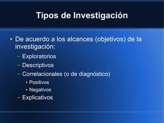 Tipos de Investigación
● De acuerdo a los alcances (objetivos) de la
investigación:
– Exploratorios
– Descriptivos
– Correlacionales (o de diagnóstico)
● Positivos
● Negativos
– Explicativos
 