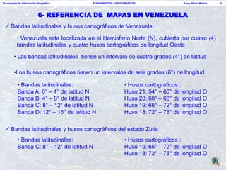 Tecnologías de Información Geográfica       FUNDAMENTOS CARTOGRAFICOS               Geog. Nixon Molina   31




                           6- REFERENCIA DE MAPAS EN VENEZUELA
  Bandas latitudinales y husos cartográficos de Venezuela

           • Venezuela esta localizada en el Hemisferio Norte (N), cubierta por cuatro (4)
           bandas latitudinales y cuatro husos cartográficos de longitud Oeste

        • Las bandas latitudinales tienen un intervalo de cuatro grados (4°) de latitud

        •Los husos cartográficos tienen un intervalos de seis grados (6°) de longitud

           • Bandas latitudinales:                            • Husos cartográficos :
           Banda A: 0° – 4° de latitud N                      Huso 21: 54° – 60° de longitud O
           Banda B: 4° – 8° de latitud N                      Huso 20: 60° – 66° de longitud O
           Banda C: 8° – 12° de latitud N                     Huso 19: 66° – 72° de longitud O
           Banda D: 12° – 16° de latitud N                    Huso 18: 72° – 78° de longitud O


  Bandas latitudinales y husos cartográficos del estado Zulia
           • Bandas latitudinales:                            • Husos cartográficos :
           Banda C: 8° – 12° de latitud N                     Huso 19: 66° – 72° de longitud O
                                                              Huso 18: 72° – 78° de longitud O
 